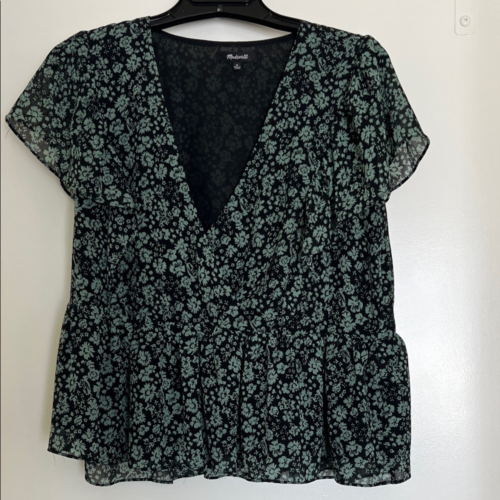 MADEWELL 💚 Black & Mint Green Floral V-Neck Peplum Top Sz M